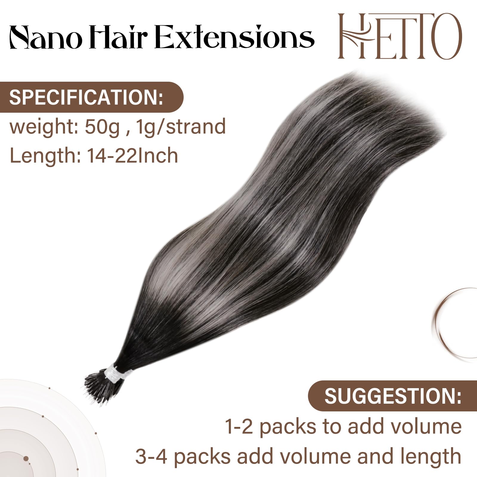 Hetto Nano Hair Extensions Real Human Hair Black Ombre Silver 18 Inch, Invisible Nano Beads Hair Extension - Image 2