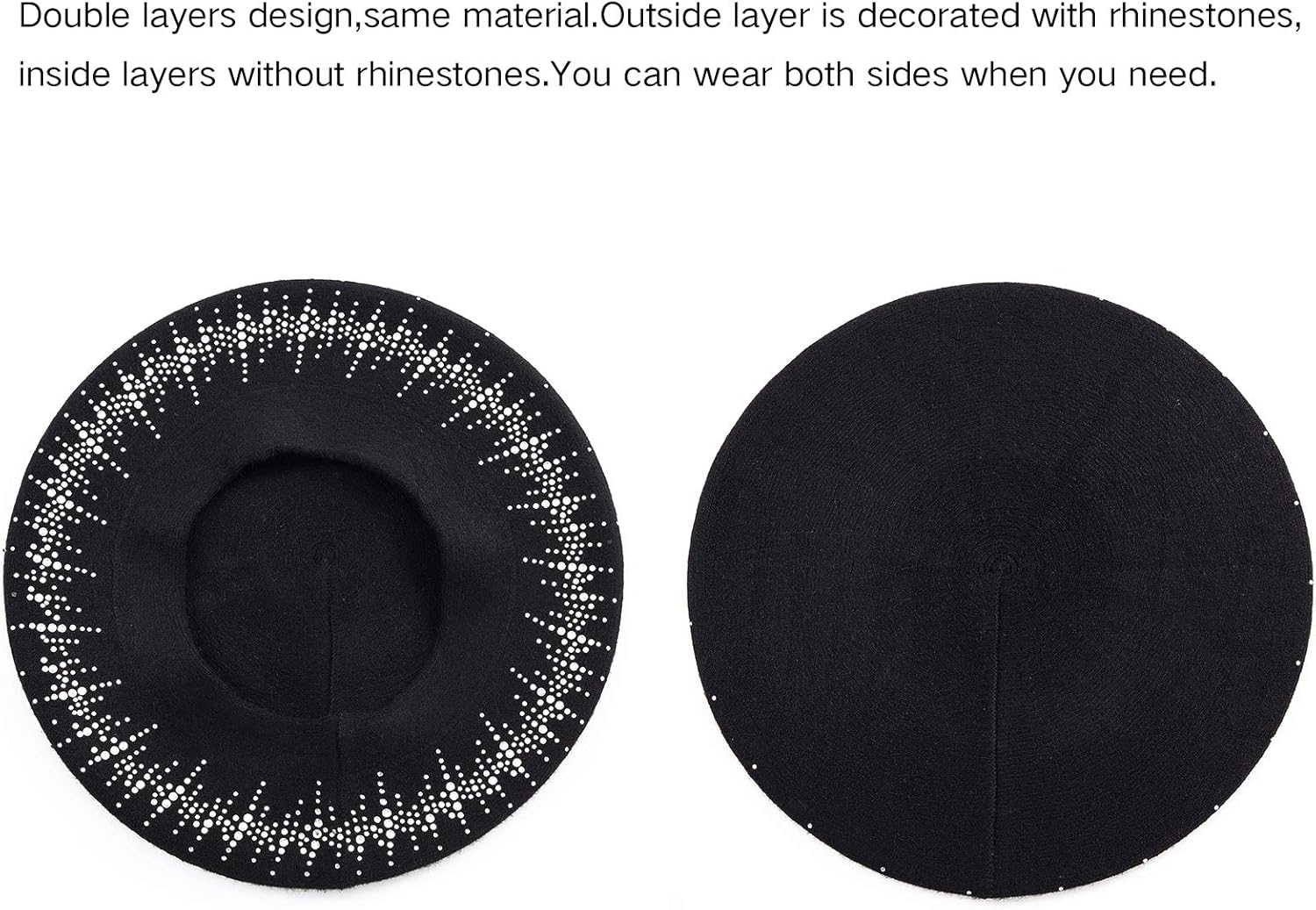 LADYBRO Rhinestone Beret Hats for Women 2 Layers Wool French Knit Cap Lady Winter Black - Image 2