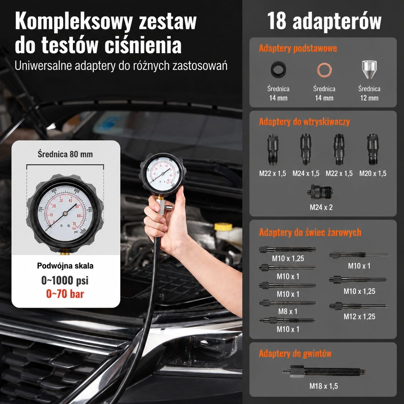 Zestaw testera kompresji z manometrem, przewodem i 4 adapterami do pomiaru cylindrów