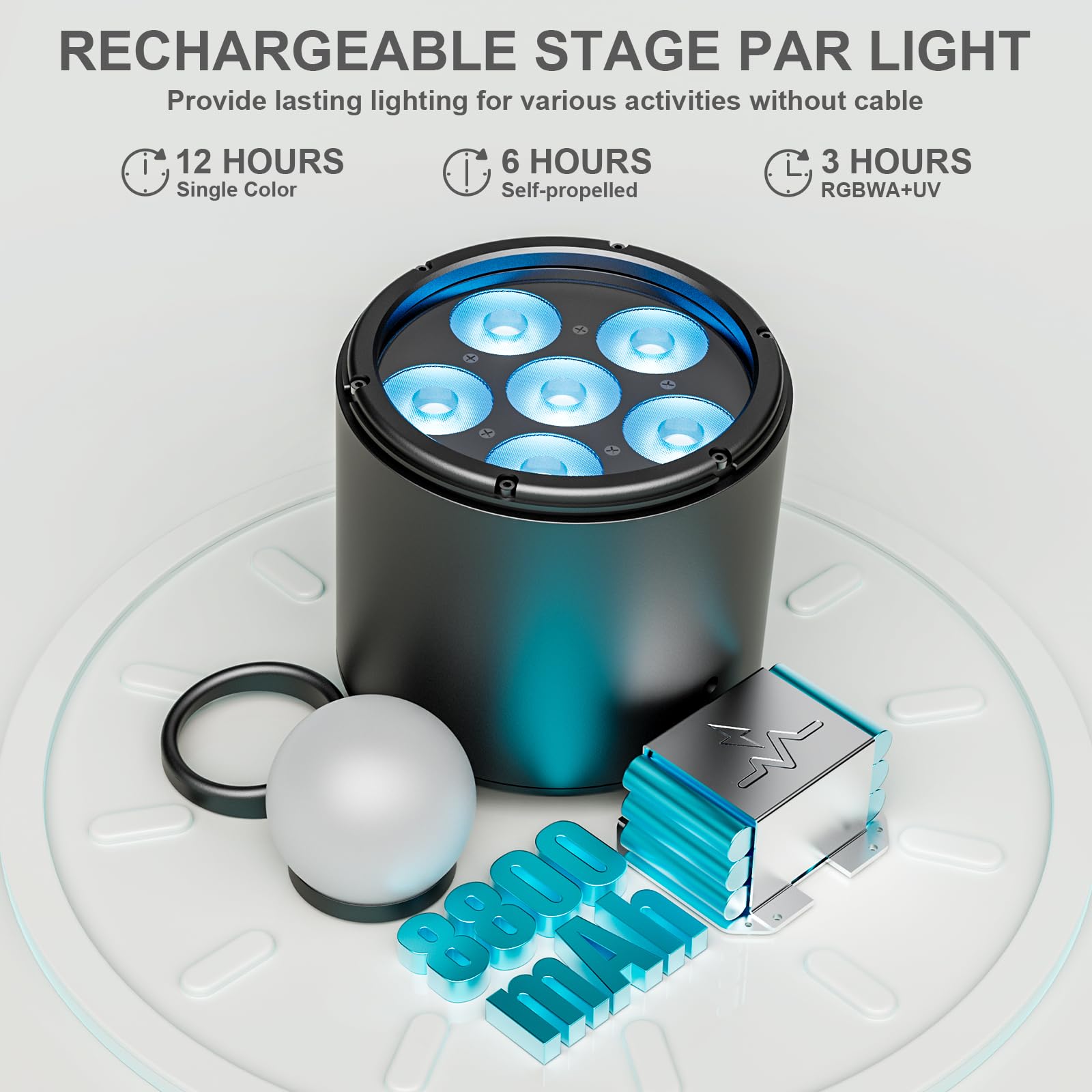 Oloaxolx - Faro da palcoscenico a batteria da 108 W, IP65, impermeabile RGBW+UV, ricaricabile, 8800 mA, con telecomando/app/DMX512, per esterni, per feste, DJ, matrimonio, Halloween, Natale