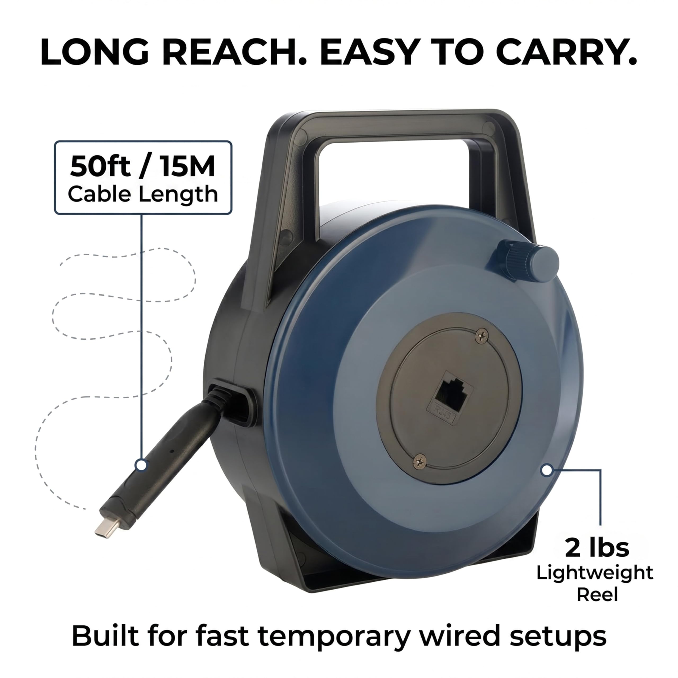 Kołowrotek kabla USB-C (typ C) na Ethernet, 15 m CAT6 Tough-Flat™, do 1 Gb/s, Plug & Play, bezpieczny dla ciężarówek, chowany kabel do tymczasowej konfiguracji