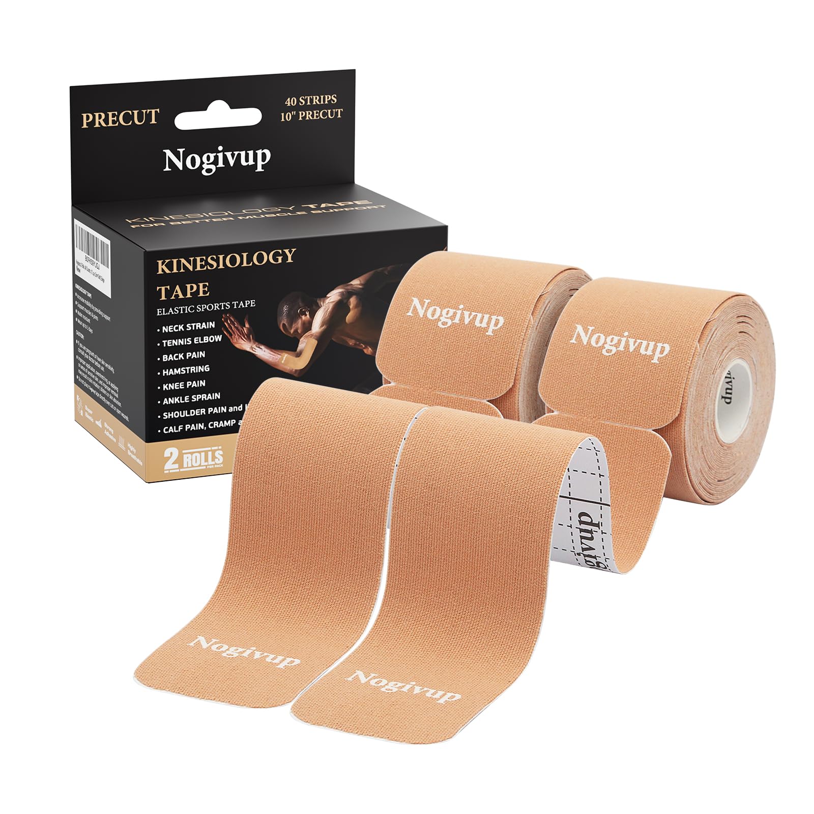 Kinesiology Tape 2 Rolls Latex-Free Cotton Precut Strips Elastic Waterproof Athletic Sports Tape for Muscle Joint Pain Relief