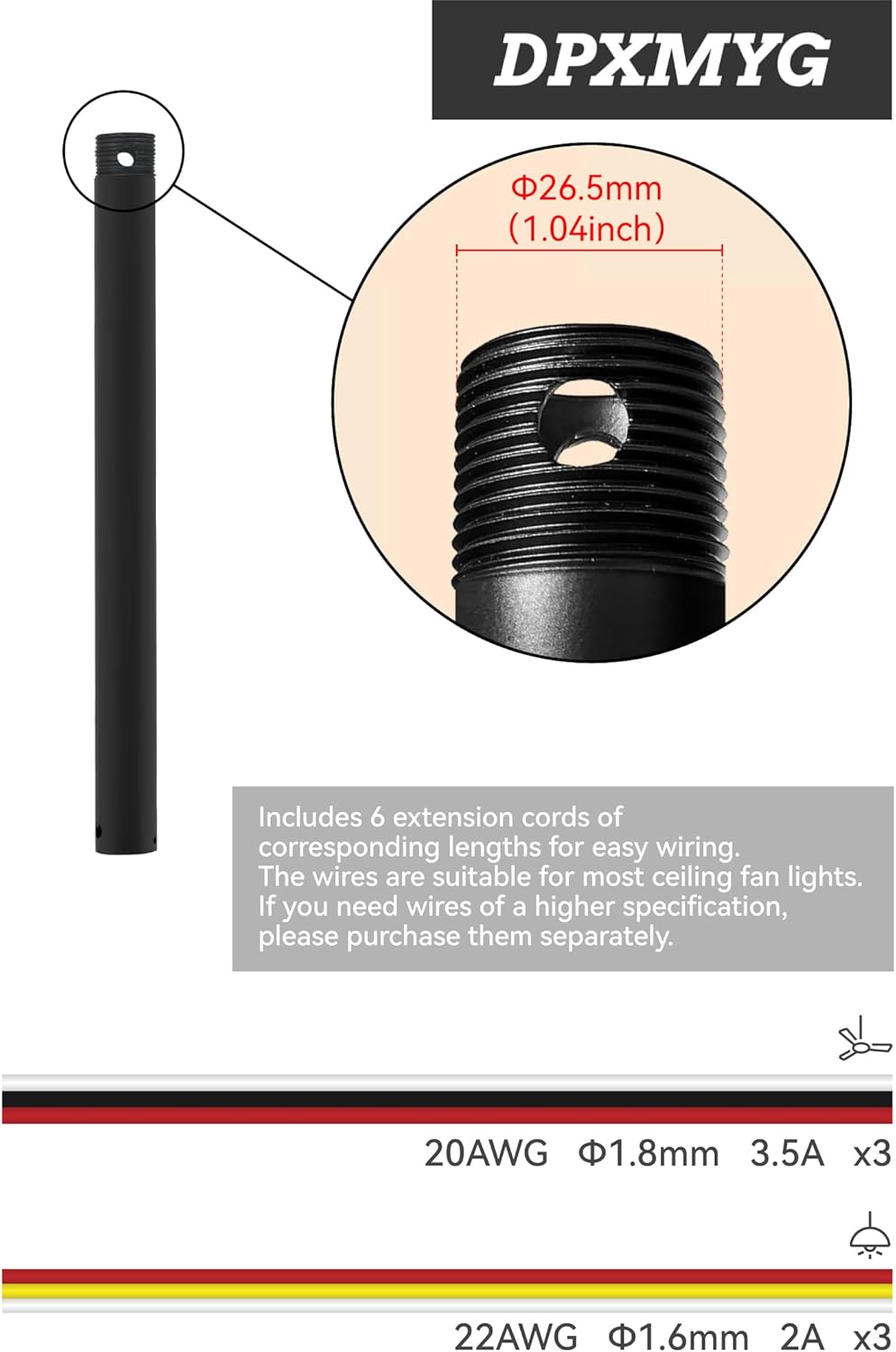 24 inch Ceiling Fan Downrod with Extension Cord, 2 FT Black Downrod, 1 inch Outside Diameter, Ceiling Fan Boom Suitable for a Wide Range of Fans (with Threaded)