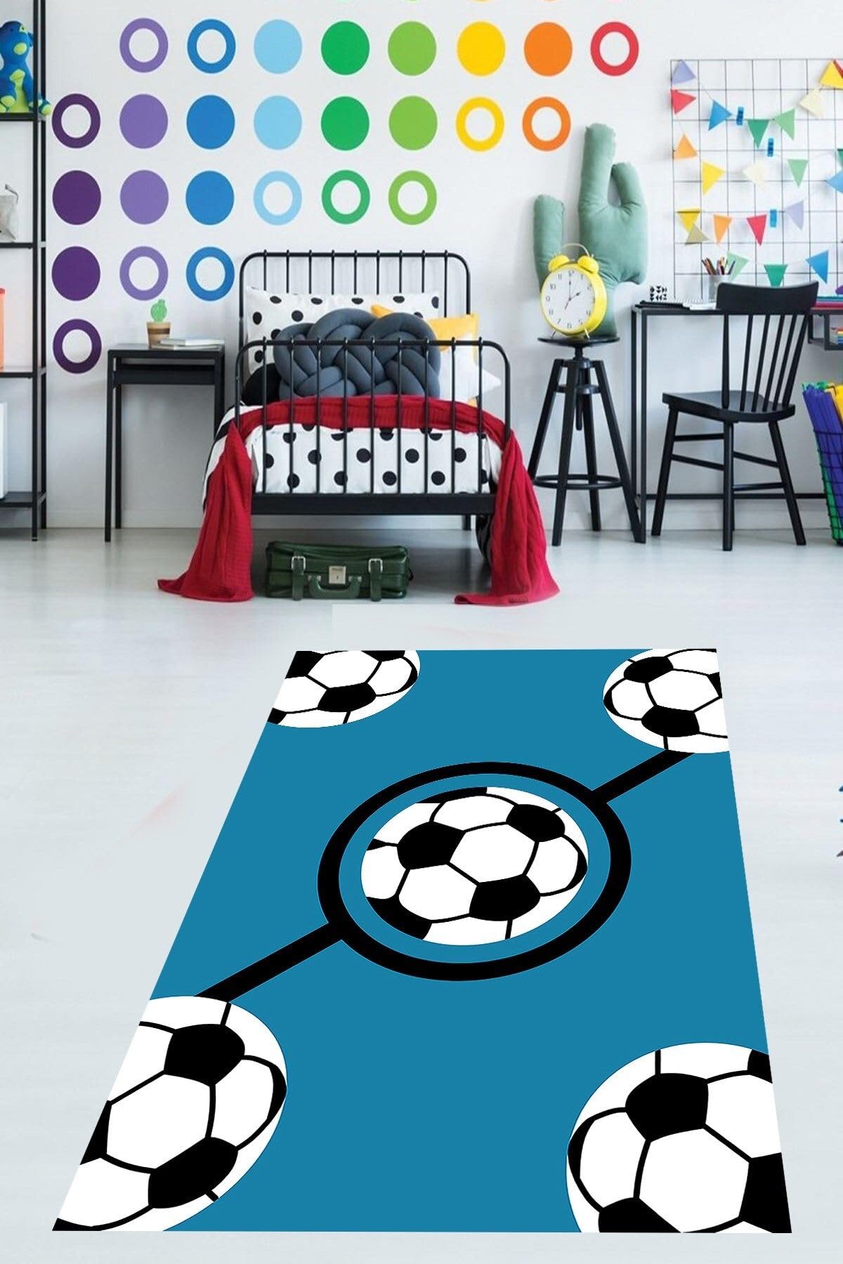 Pelangi Futbol Topu Desenli Mavi Yıkanabilir Kaymaz Taban Leke Tutmaz Çocuk Odası Halısı, Mavi-Siyah-Beyaz 80 x 250, 9038680032280250