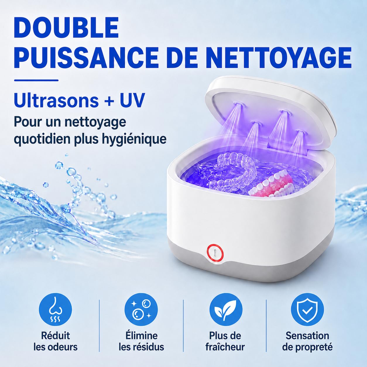 Nettoyeur à Ultrasons pour Gouttières et Dentiers 200ML (Blanc) | Nettoyage aux Ultrasons 45kHz avec 24W, Batterie 4000mAh et 4 Lampes UV pour Aligneurs, Gouttières, Dentiers et Bijoux