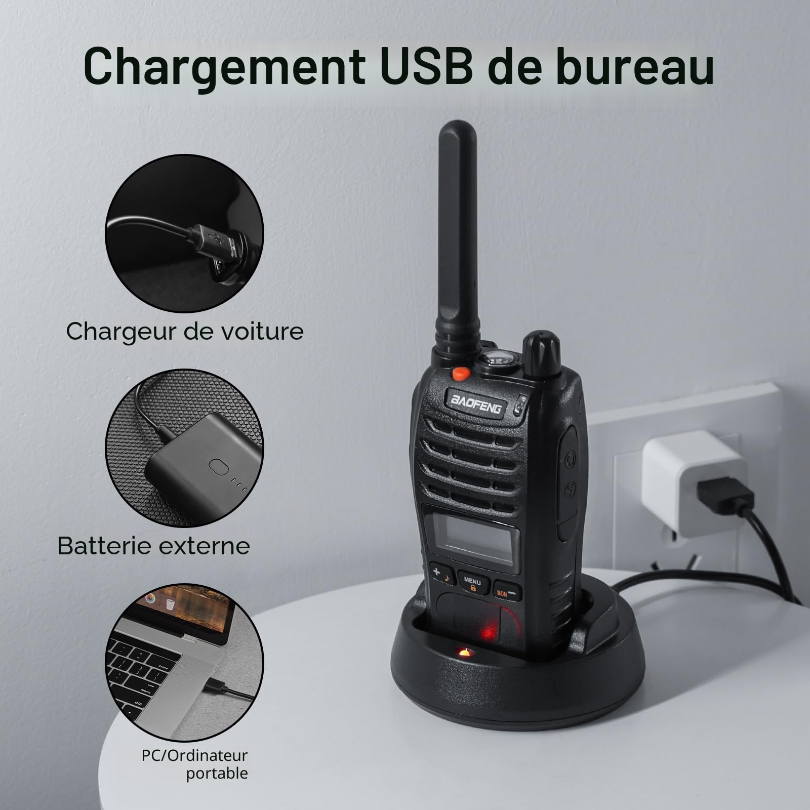 BAOFENG BF-88ST Pro PMR446 Talkie Walkie Rechargeable sans Licence avec Grande Portée, écran LCD, Double Montre VOX, Chargeur USB de Bureau et écouteurs pour Le Camping en Plein air, 4PCS