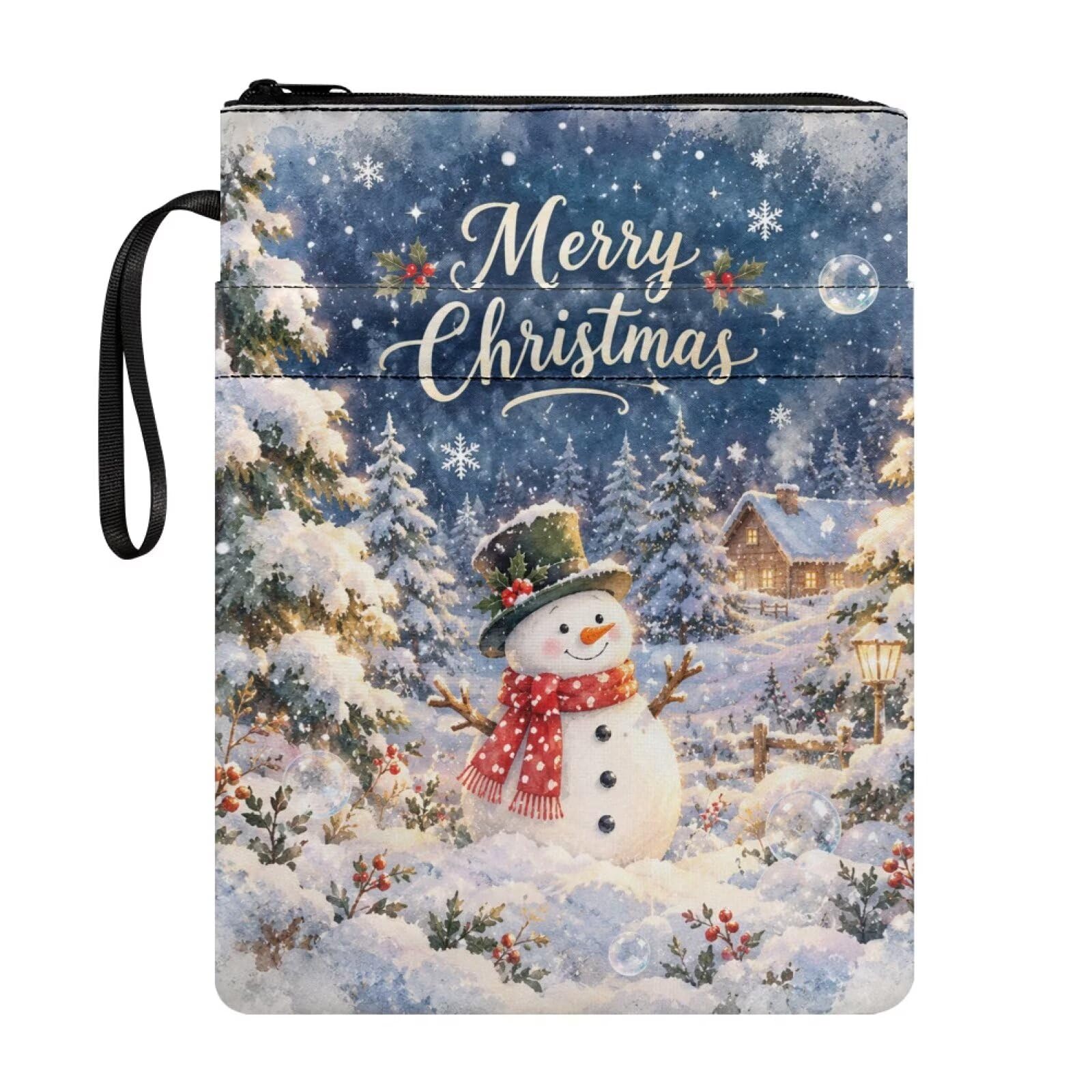 Poceacles Christmas Book Pouch Sleeve with Zipper Washable Fabric Book Covers for Paperbacks Hardcover Notebook Bible Journal Textbooks, Snowman Merry Christmas Blue — image 1