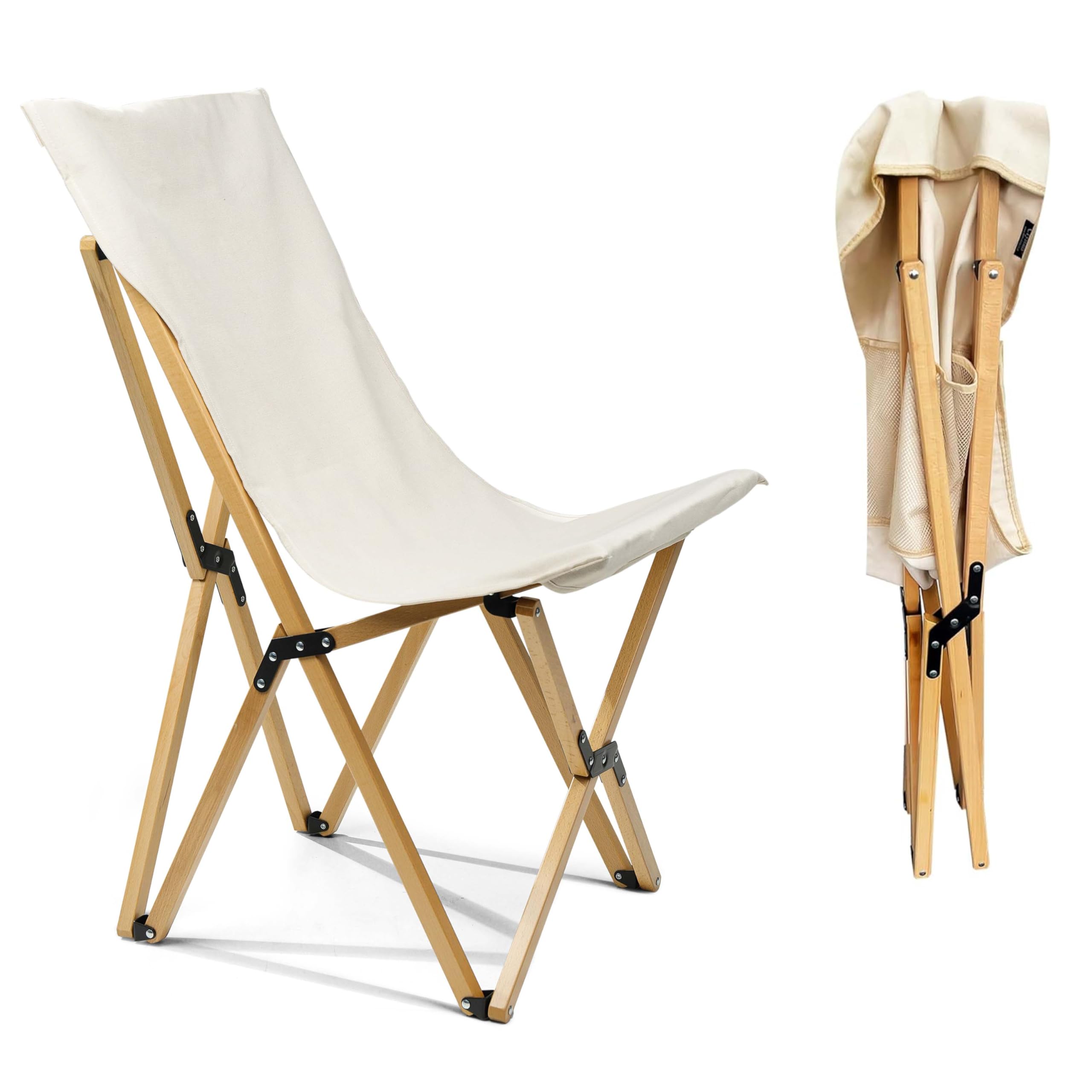 Crystals Folding Butterfly Chair, Beech Wood & Canvas, Beige, Outdoor, Garden, Patio, Foldable, Rustic, Recliner, 150Kg Capacity