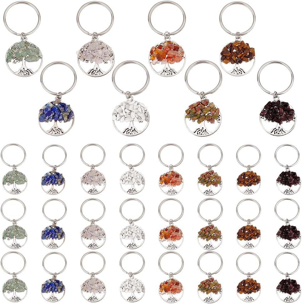 PH PandaHall 32pcs Tree of Life Keychain, 8 Style Natural Crystal Stone Key Chains Gemstone Key Chain Charm Keychain Pendant with Key Rings for Bag Keyring Thanksgiving Teachers Day Mother's Day