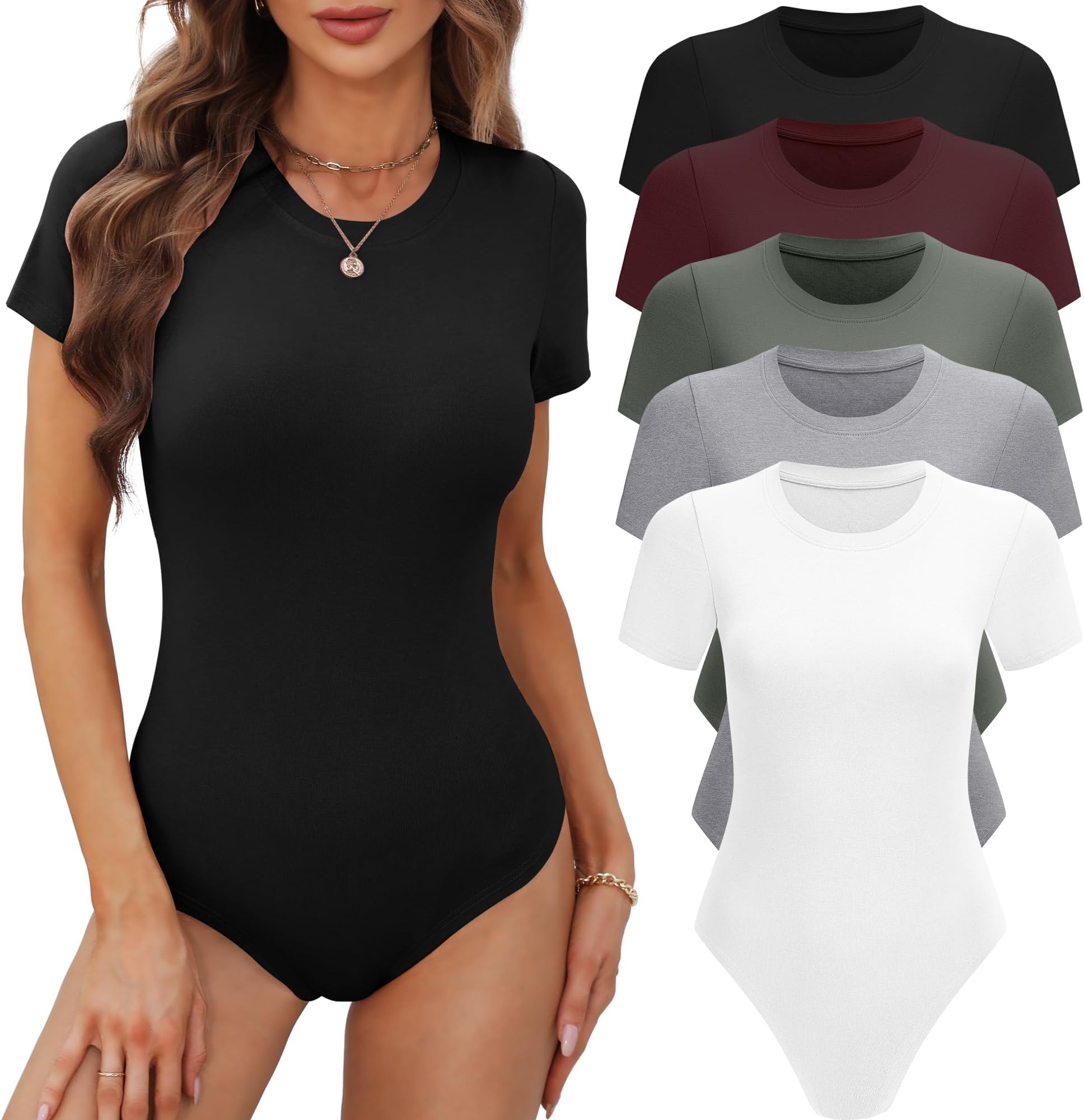Women's 4/5 Pack Short Sleeve Round Neck Bodysuit Tops Crew Neck Basic Casual Tshirt Bodysuits