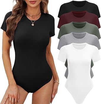 BALENNZ Womens 4/5 Pack Short Sleeve Round Neck Bodysuit Tops Crew Neck Basic Casual Tshirt Bodysuits