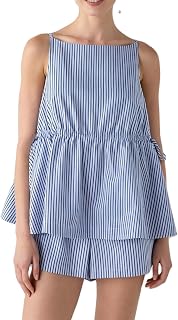Franhais Womens Striped Pajama Sets Sleeveless Ruched Tie Side Tank Top Matching Wide Leg Shorts Babydoll 2 Piece Loungewear