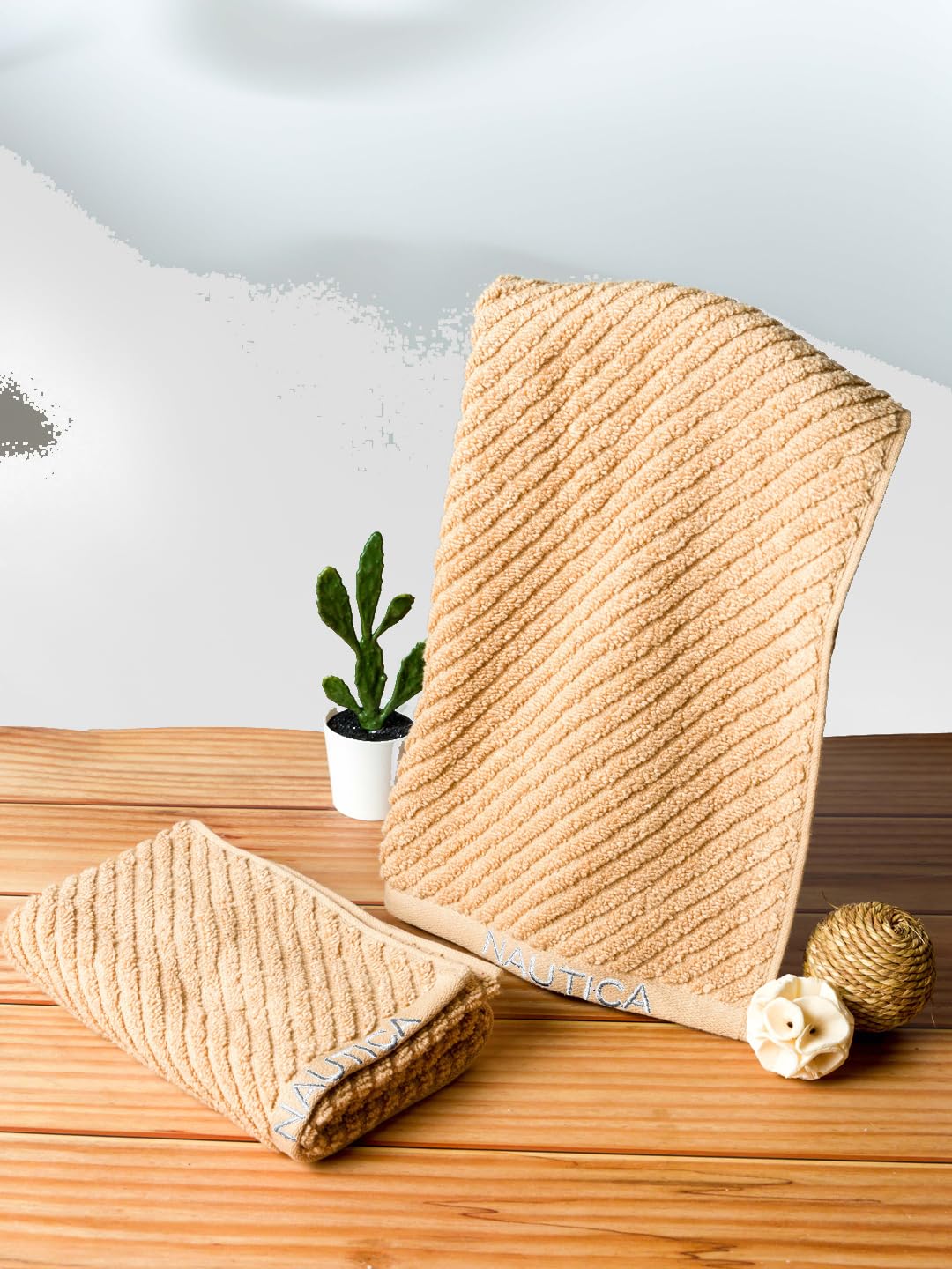 NAUTICA 600 GSM Fluffy Zero Twist 100% Cotton Towel -2pc Hand Towel (Cross View) Solid-Wheat-image-5