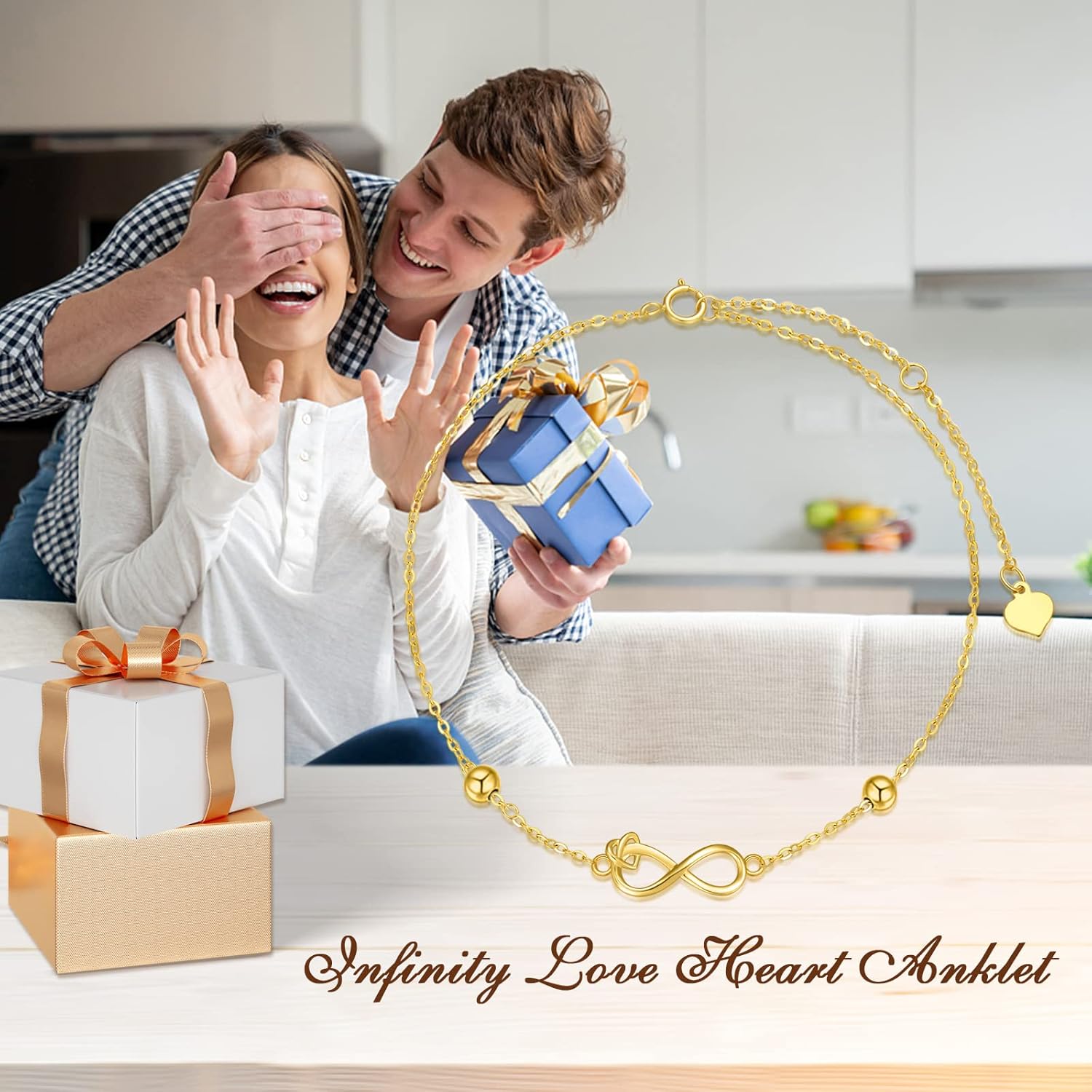 14K Real Gold Heart Ankle Bracelets for Women Mothers Day Gifts for Mom Inifnity Bracelet Love Jewelry Birthday Gifts for Women Her Sister Grandma Mom Wife Girlfriend, 6.5+2 Inches