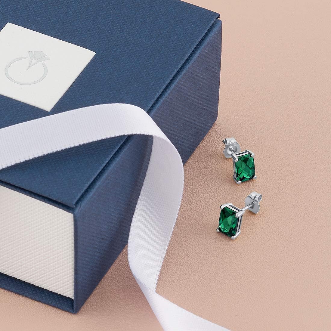 Peora Solid 14K White Gold Created Emerald Earrings for Women, Hypoallergenic Solitaire Studs, 7x5mm Radiant Cut, 1.75 Carats total, Friction Back, Dainty Green, Jewelry