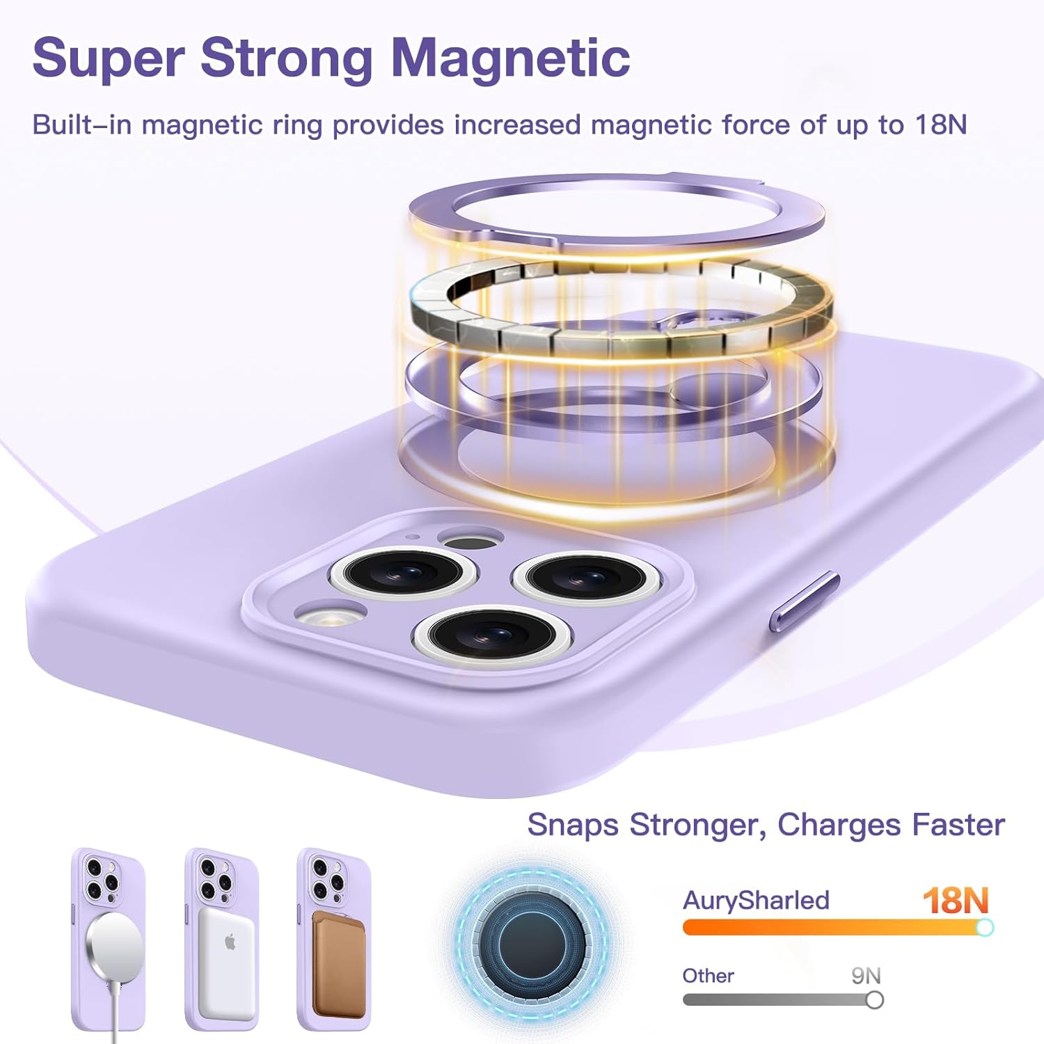 for iPhone 14 pro max Case with 360° Rotatable Magnetic Ring Stand [Full Camera Protection] Mil-Grade Drop Shockproof, Soft Liquid Silicone Phone Case for Women Men (Light Purple)