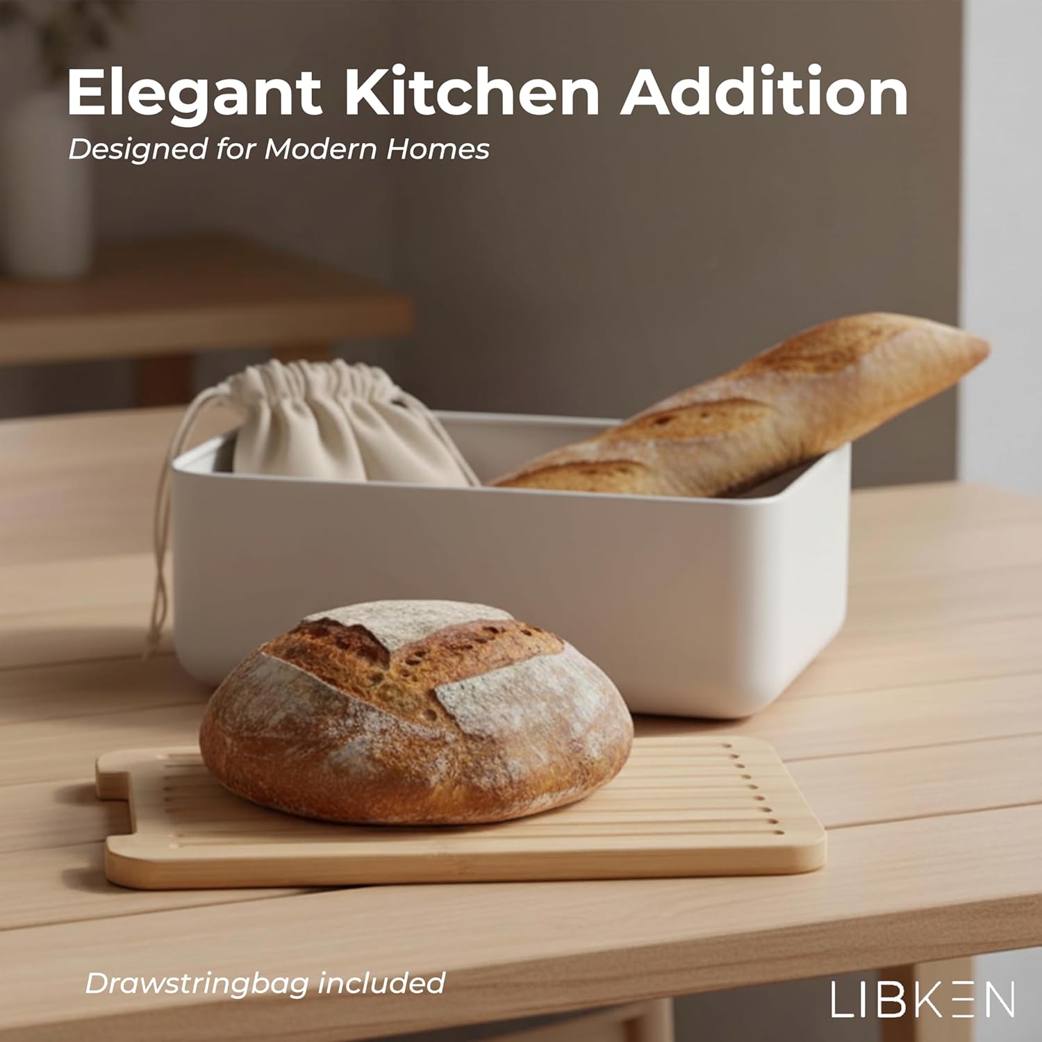 LIBKEN Bread Box – Extra Thick Steel Bin with Bamboo Cutting Board Lid & Drawstring Bag - Modern Scandinavian Metal Box for Kitchen Countertop, Sourdough & Homemade Bread - Warm Grey