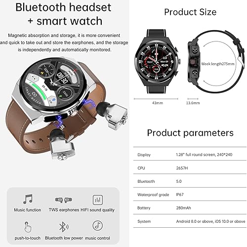 Miniatura 7 de Tuanzi JM08 2 en 1 Reloj inteligente con auriculares 1.28 pulgadas Smartwatch TWS HiFi estéreo inalámbrico Combo Bluetooth llamada telefónica para