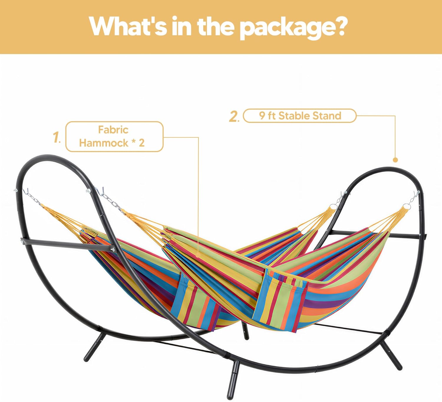 SUNCREAT Hammocks for Outside with Stand, Porch Hammock and Stand, 475 lbs Capacity, Patent Pending, Rainbow