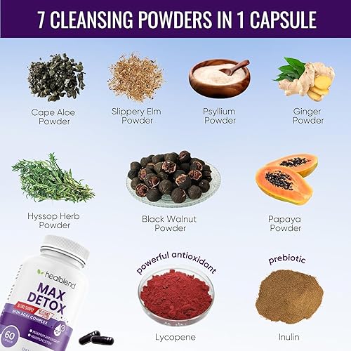 Vista 7 de Max Detox Supplement, Advanced Gut Cleanse Detox para mujeres y hombres con psyllium, chlorella, hierba hisopo y papaya, con complejo Acai