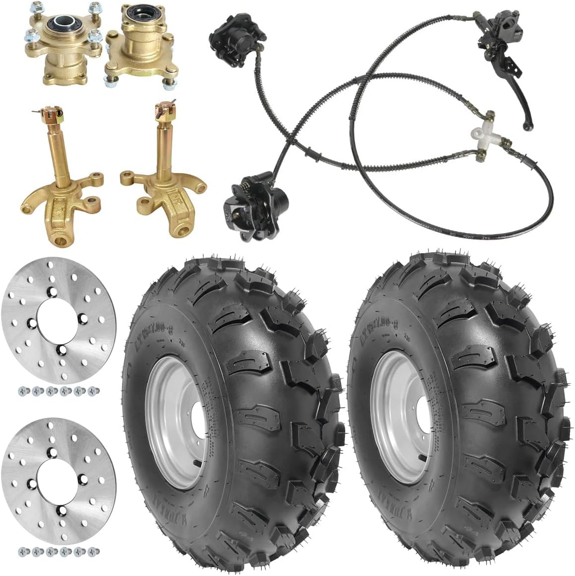 19x7.00-8 ATV Tire & Wheel Rim Assembly Kit – 4 Stud Wheel Hub, Steering Knuckle Spindles, Brake Discs & Twin Brake Caliper – 8" Rim, 4 PLY, Fits Quad ATV Go Kart Buggy Off Road 4 Wheeler