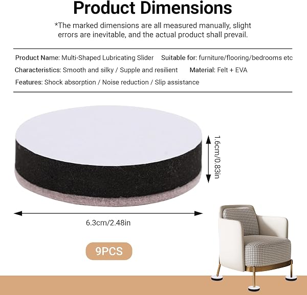 9 Pieces 2.5" Round Self Adhesive Furniture Riser, Felt Feet with EVA Core, Non-Slip and Sound Absorbing, Floor Protector for Sofa, Bed, Table, Chair, Wardrobe - 2