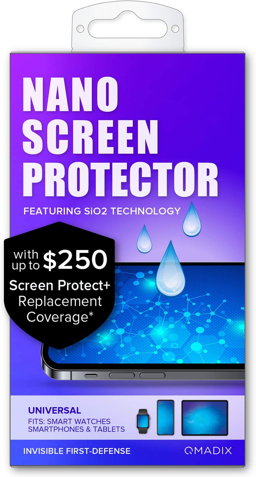 QMADIX $250 Replacement Guarantee Invisible First Defense Nano Liquid Screen Protector [Scratch Resistant] for All iPhone, iPad, Apple Watch, Samsung Phones - Extreme Liquid Glass Protection
