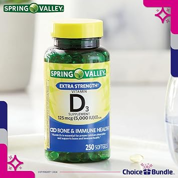 Spring Valley Vitamin D3 Softgels 125 mcg 5000 IU 250 Ct Plus Vitamin Vitality & Pill Container (3 Items)!