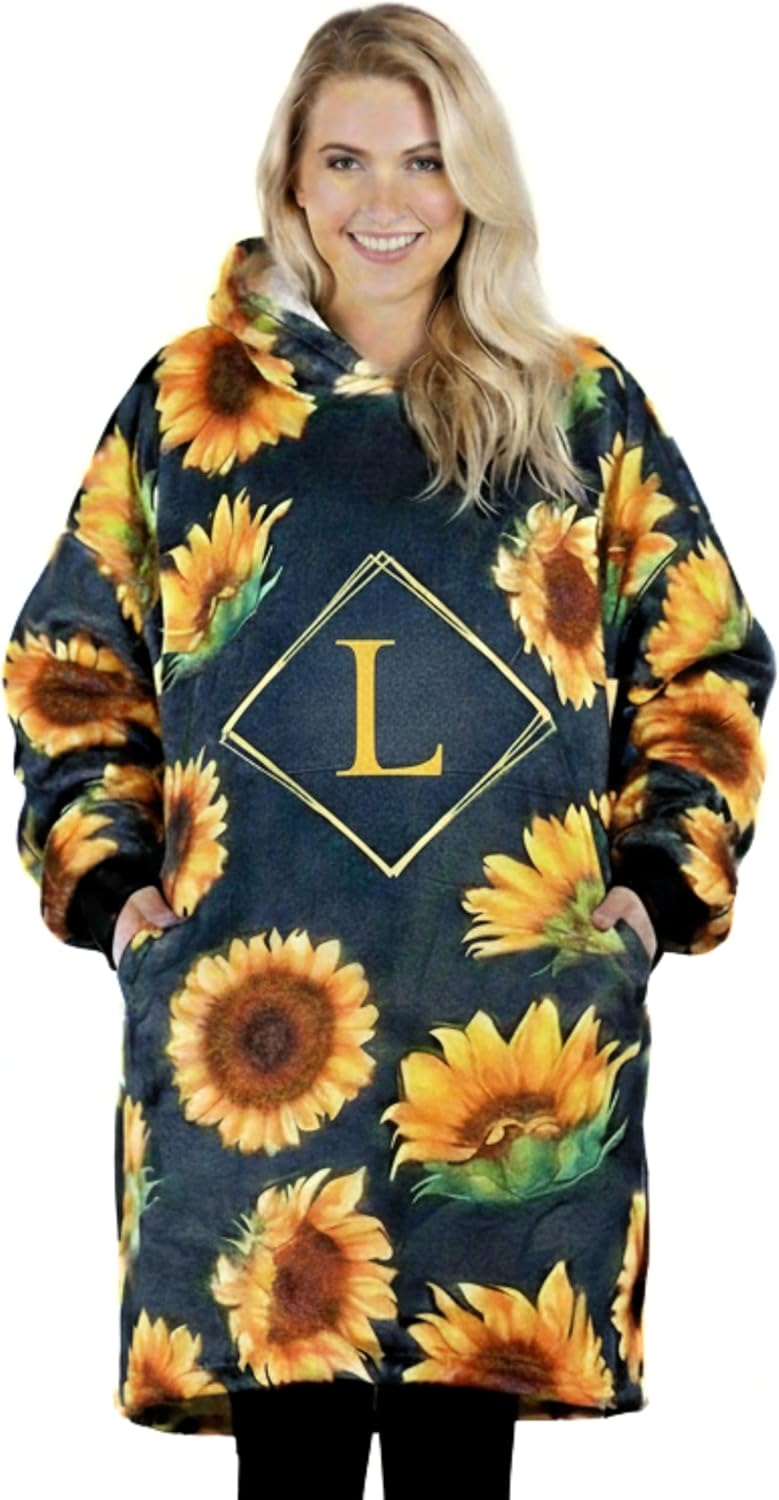 Sunflower Gifts with Initial for Lovers & Women, Wearable Flannel Sunflower Blanket Hoodie