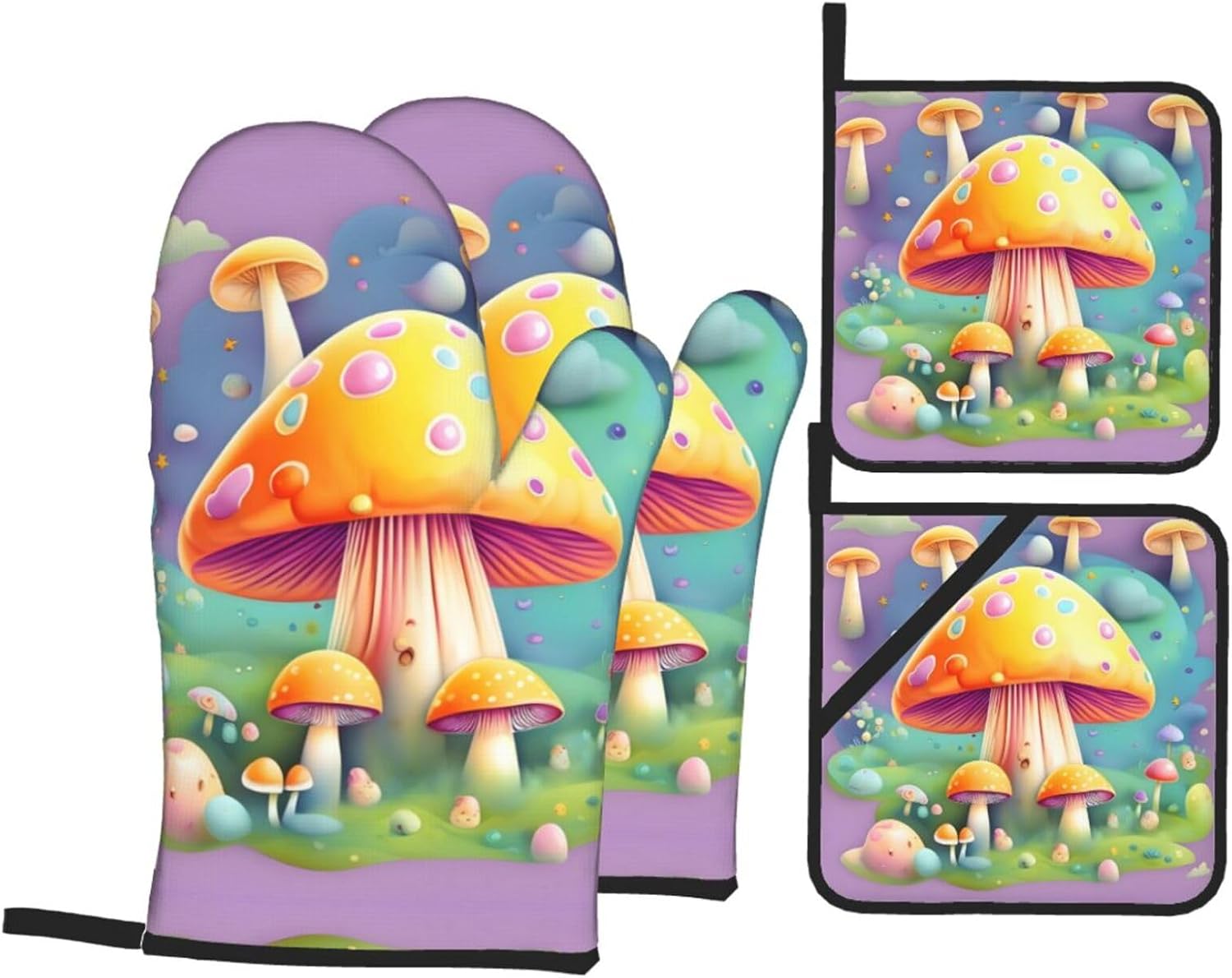 Fantasy Dream Mushroom Oven gloves and heat-resistant mat 4-piece set. Suitable for grilling, microwave oven frying, and baking