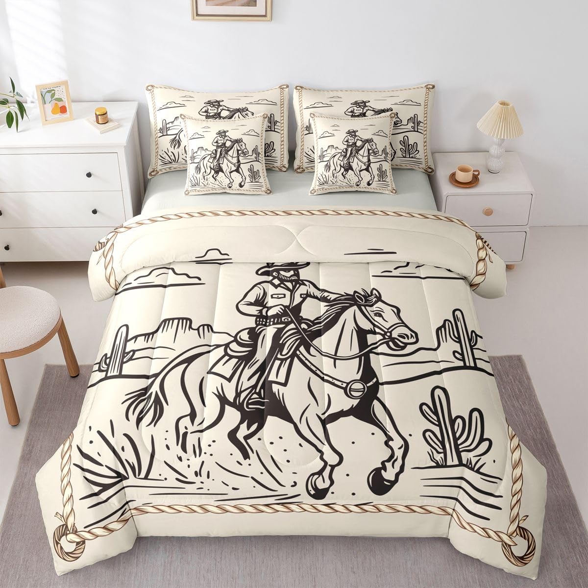 Feelyou Skeleton Cowboy Comforter Set with Sheets 7 Piece King Western Desert Rider Bedding Set for Kids Boys Girls Vintage Line Art Bed in a Bag Wild West Style Room Decor Cactus Soft Lightweight