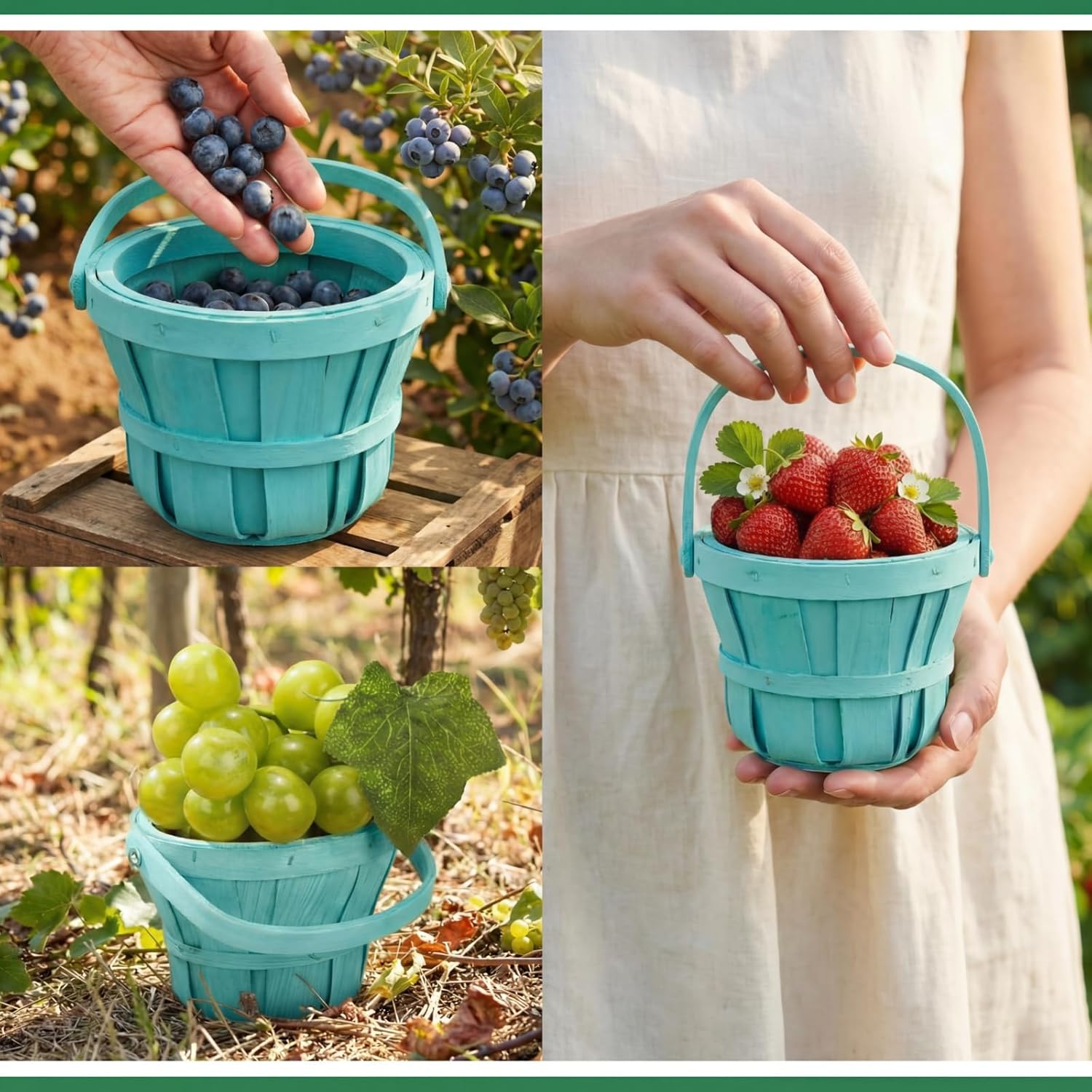 Marsui 10 Pcs Small Wooden Berry Baskets – 4 x 5.1 Inch Handcrafted Rustic Baskets with Reinforced Handles, for Fruit, Market, Crafts, Gifts, Garden Picking & Decor (Green)