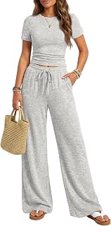 Trendy Queen Womens 2 Piece Lounge Matching Sets Wide Leg Pants Crew Neck Short Sleeve Shirt Sweatsuits