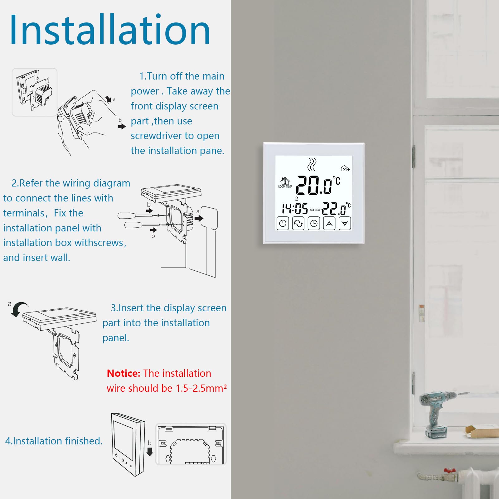 Wengart Digitales Raumthermostat für Wasser-Fußbodenheizung (3A), LCD-Touchscreen, Unterputz-Temperaturregler mit Frostschutz & Kindersicherung, Energiesparend & Zuverlässig, AC 230V, WG03-1