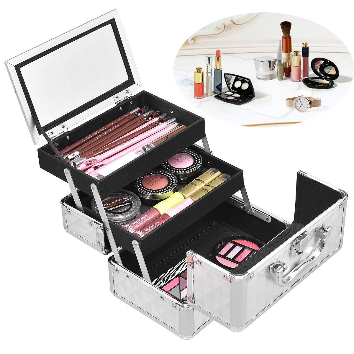 RELAX4LIFE Kosmetikkoffer, Schminkkoffer mit Spiegel, Kosmetikkasten tragbar für Reise, Beauty Case 3 Fächer, Make up Box für Lippenstifte & Nagellack & Schmuck, Friseurkoffer klappbar (Silber)