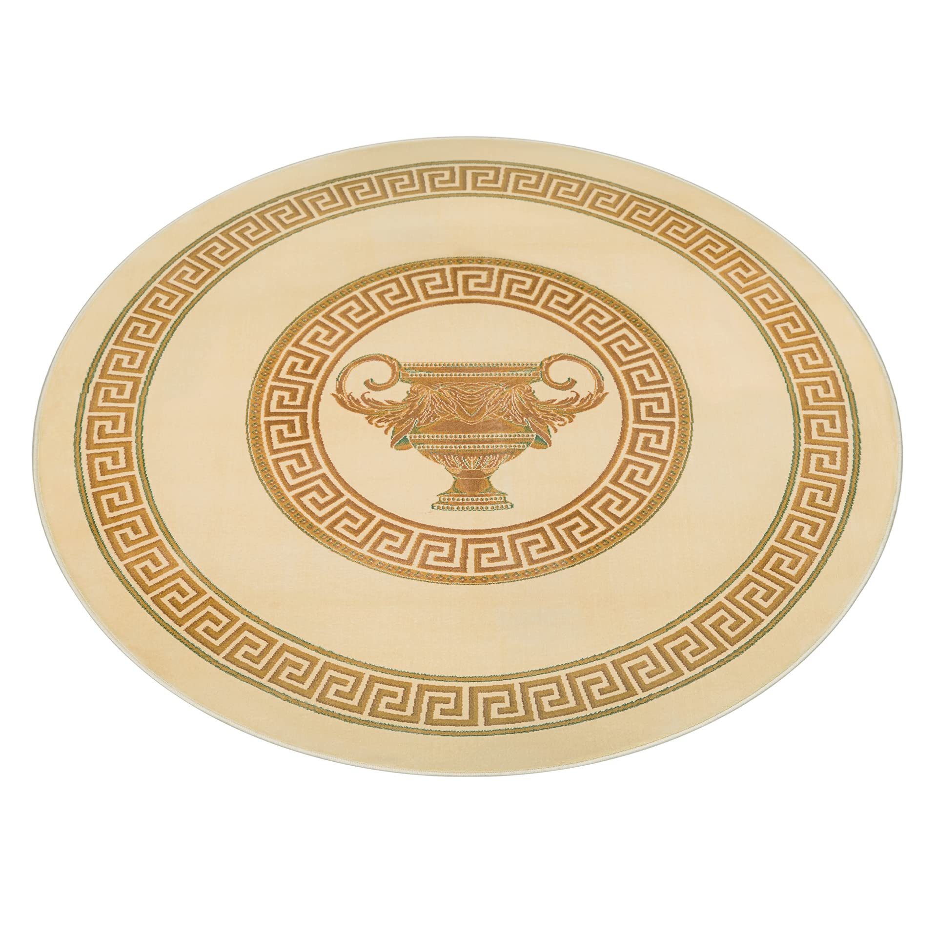 Runder Teppich in beige gold 150 Durchmesser Mäander Amphore Muster mit Fransen Wohnzimmer Schlafzimmer Flur Rund - Kurzflor 100% Viskose weich rutschfest öko tex - creme beige, 150 cm, Rund