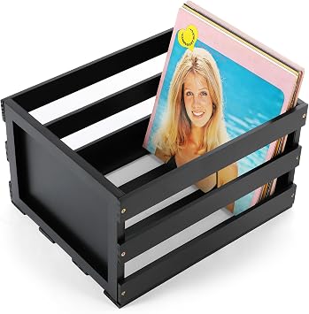 HOMBOUR Vinyl Record Storage Crate, Black Wooden Storage Crate Box