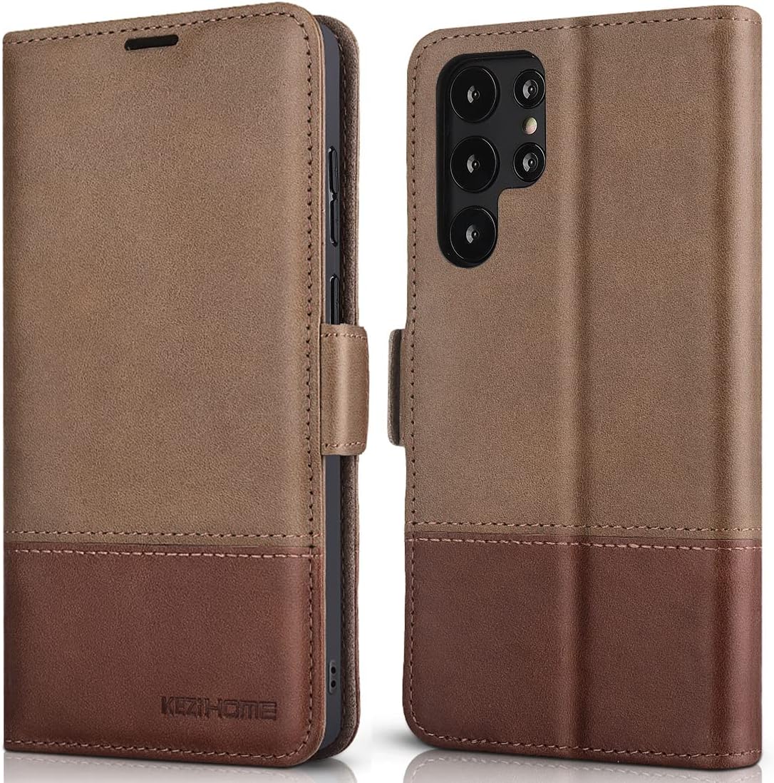 KEZiHOME for Samsung S22 Ultra Case, Genuine Leather [RFID Blocking] Galaxy S22 Ultra 5G Wallet Case Card Slot Flip Magnetic Stand Phone Cover Compatible with Galaxy S22 Ultra (2022) (Gray/Brown)
