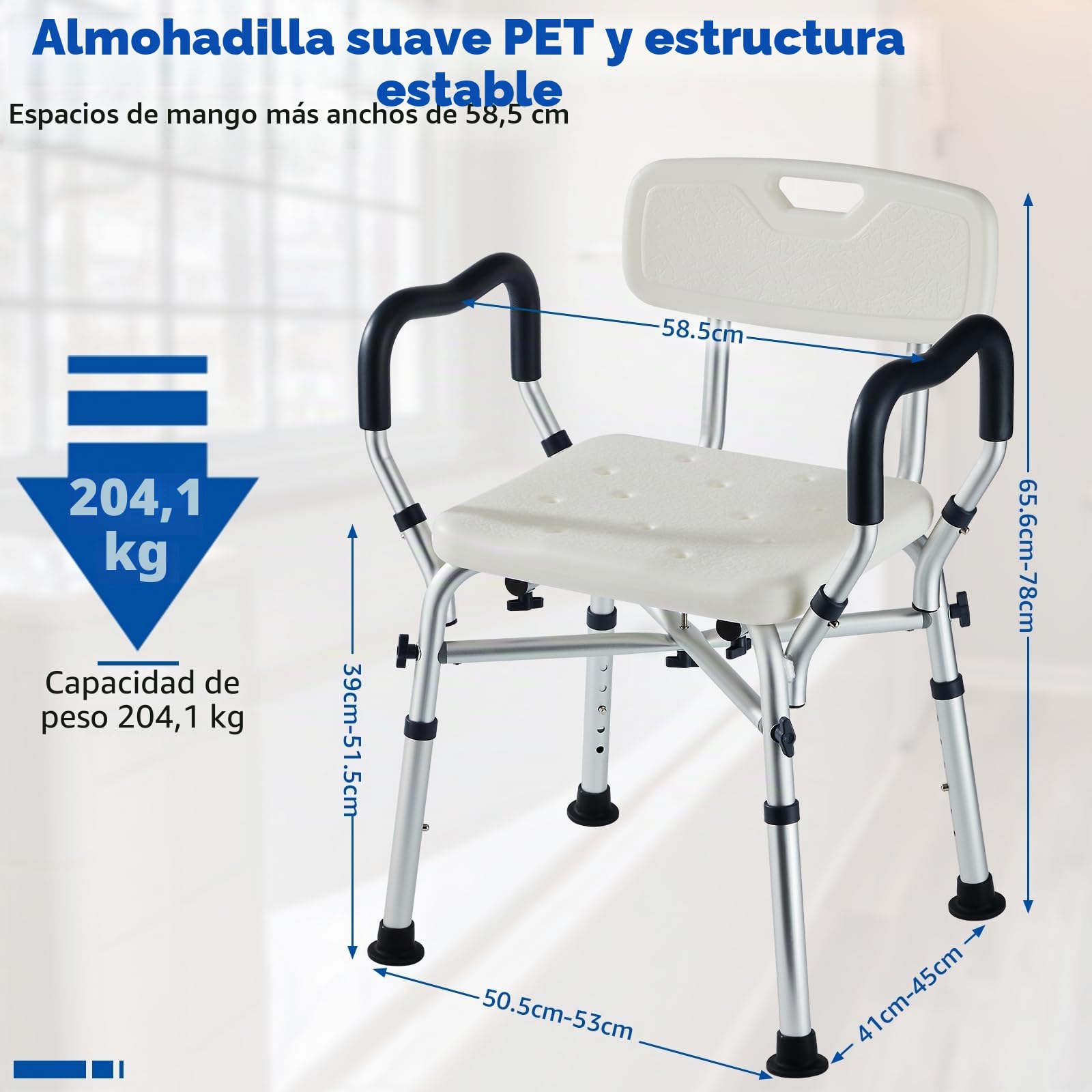 Silla de Ducha Mayores-Silla Ducha Ancha y Resistente con Respaldo y reposabrazos, Asiento De Ducha Antideslizante para Baño con Ajuste De Altura en 6 Niveles para Adultos y Personas Mayores