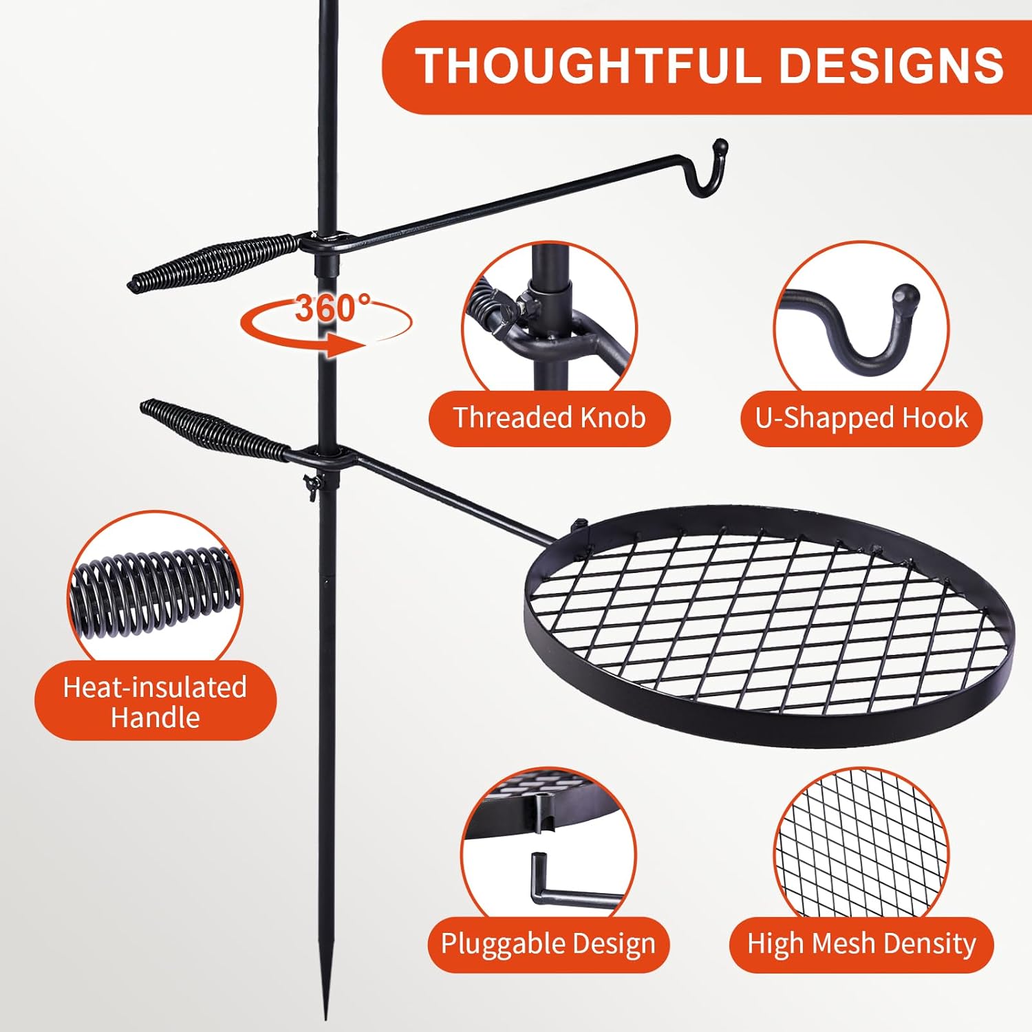 Outvita Swivel Campfire Grill, Open Fire Cooking Equipment for Camping with Height Adjustable Grill Grate and Hanger Rod and Carry Bag