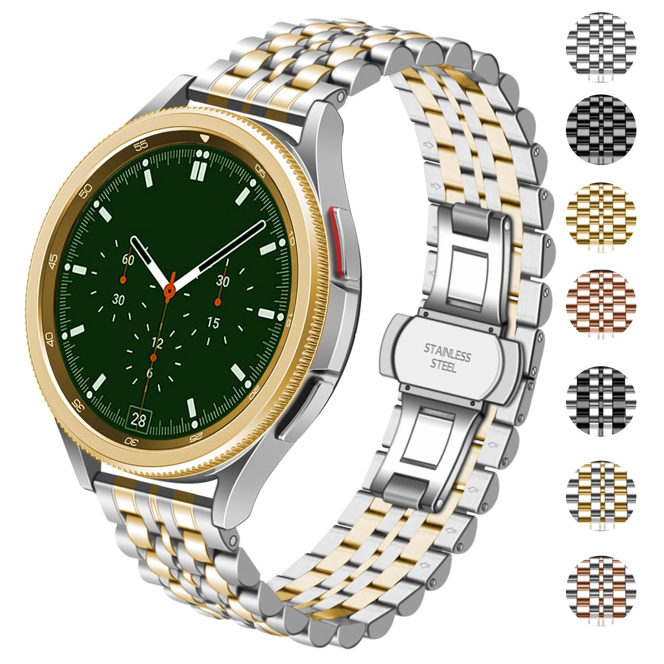 Compatible with Galaxy Watch 7/6/5/4 Band 40mm 44mm/ Samsung Galaxy Watch 6 Classic Bands 43mm 47mm Two Tone Quick Release Stainless Steel Watch Bracelet Brushed Polished Metal Butterfly Buckle Watch Strap for Men Women