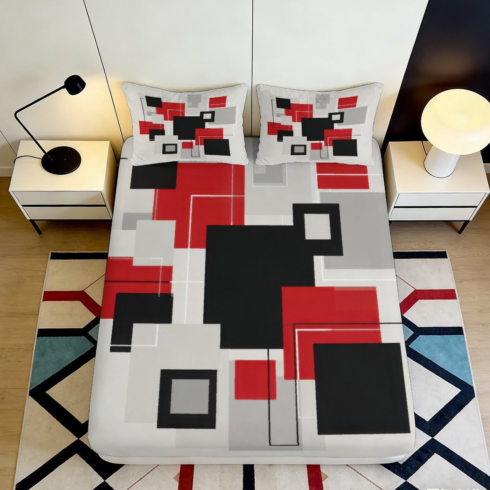 3D Printed Geometric Pattern Fitted Sheet Microfiber Soft Breathable Abstract Squares Mattress Cover for Bedroom Dormitory Guest Room Mattress Protection Decor 180x200x25cm