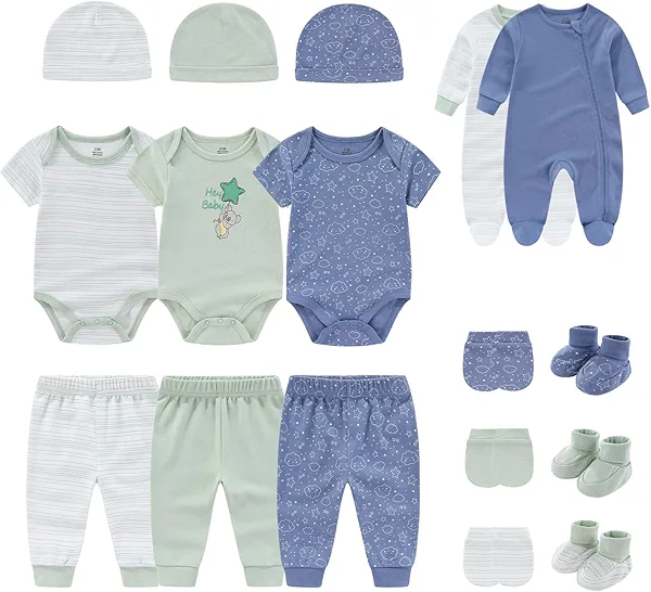 BIGBIGKISS Newborn Baby Clothes Unisex Infant Boy Girl Bodysuits and Pants Set 17 Pack Cotton Romper and Accessorie