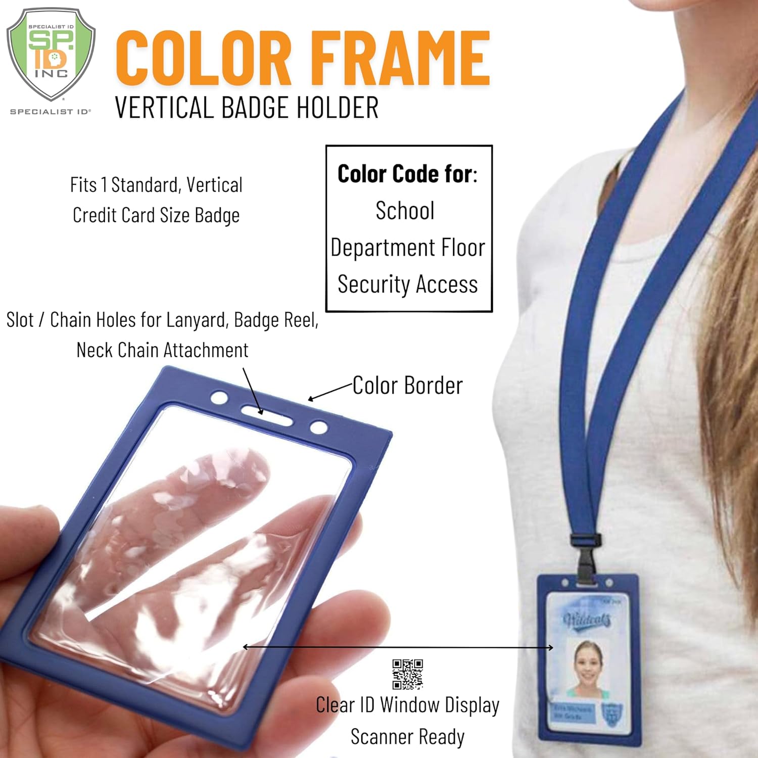 Bulk 100 Pack - Vertical Color-Frame Badge Holder - Clear Vinyl Window Protector with Color Border for Single Credit Card Size Key Cards and Badges by Specialist ID (Orange)