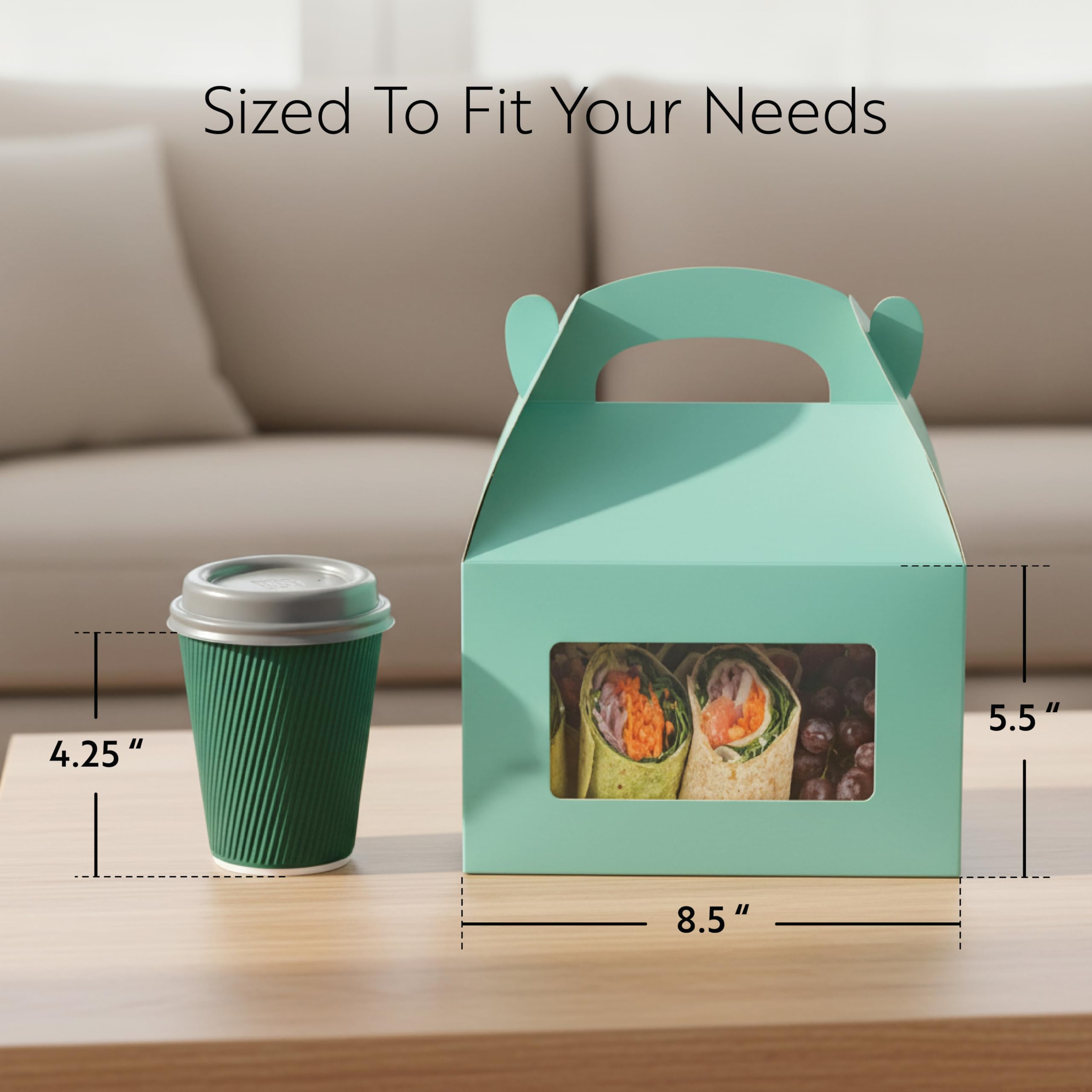 Restaurantware Bio Tek - Cajas a dos aguas de 8.5 x 4.8 x 5.5 pulgadas para recuerdos de fiesta, 100 atractivas cajas de regalo, ventana de PET transparente, con asa integrada, cajas de granero de