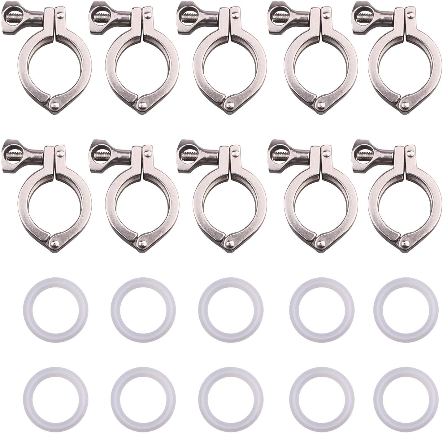Stainless Steel 304 Single Pin Heavy Duty Tri-clamp with Wing Nut for Ferrule TC with 1 pc Silicone Gasket (1.5" Tri-clamp + Silicone Gasket) (10 Pack)