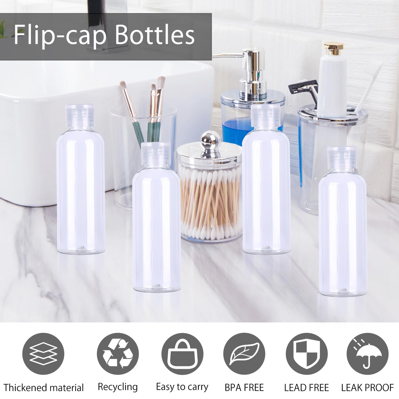 Juego de botellas de viaje 100 ml plástico transparente con tapa abatible 10 piezas para champú acondicionador loción