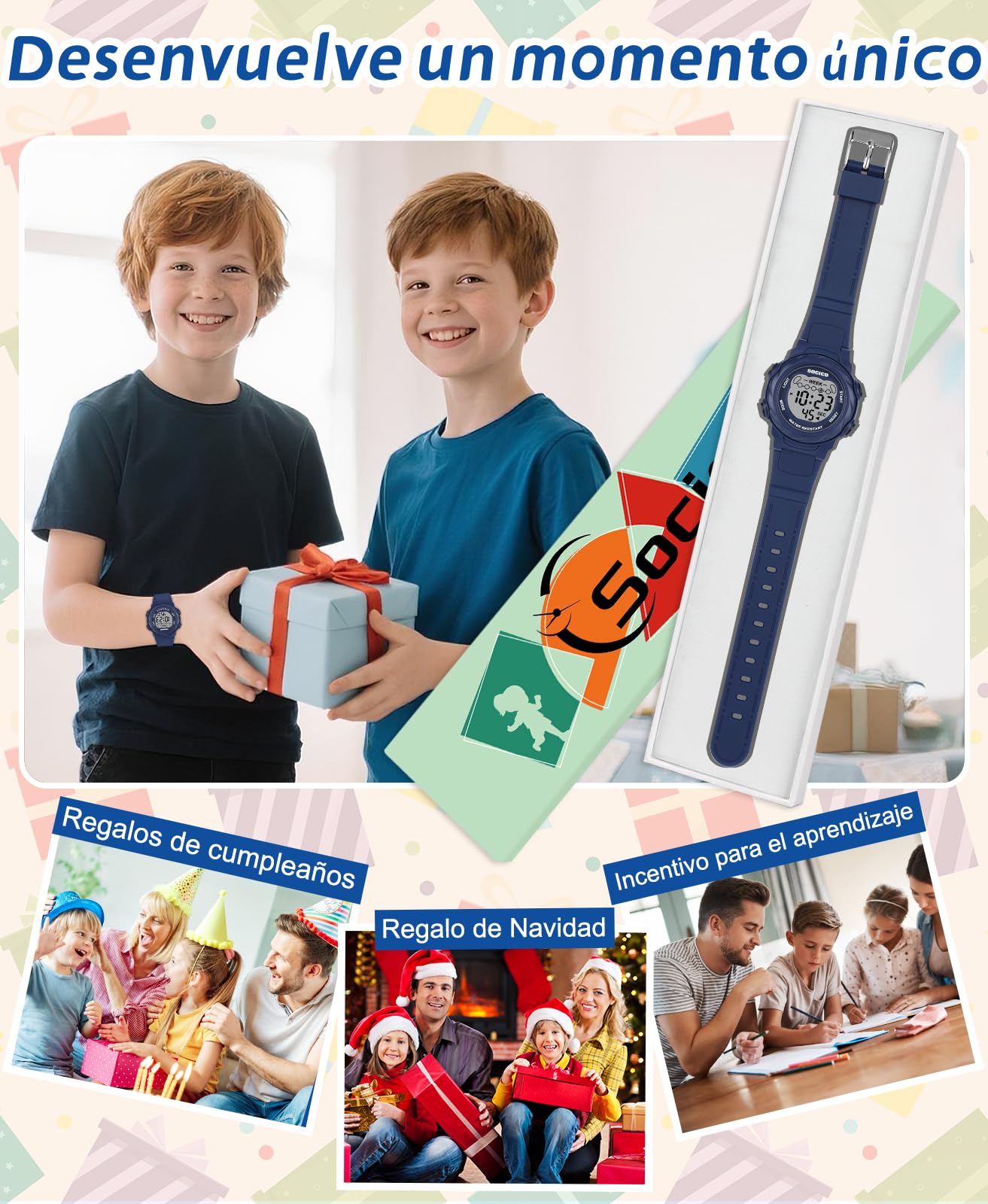 SOCICO Reloj Digital para niños y niñas, Resistente al Agua 5ATM, Reloj Infantil Iluminado con 7 Colores y cronómetro con Alarma para niños y niñas de 5 a 12 años.