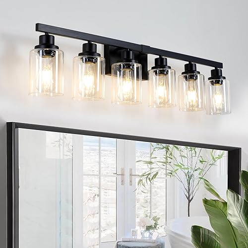 Miniatura 136 de Lámpara de tocador de baño, 4 luces, moderna lámpara de pared dorada mate con pantalla de vidrio transparente, luces de pared negras, lámparas