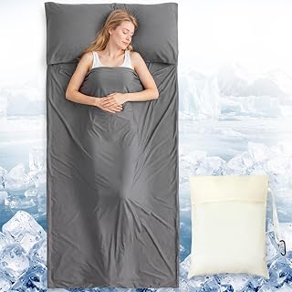 87 x 41 Cooling Fabric Sleeping Bag Liner for Adult with Spandex Stretch, Ultralight Travel Sleep Sack Sheet for Summer, Camping, Backpacking, Hotels, Includes Compact Storage Bag, Breathable